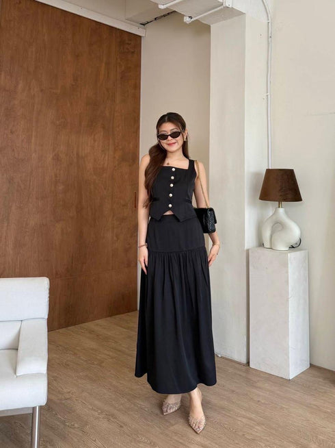 Square Neckline Button Down Sleeves Tops With Skirts Sets